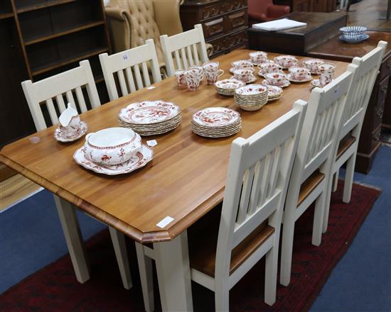 A painted pine kitchen table and six chairs, W.187cm